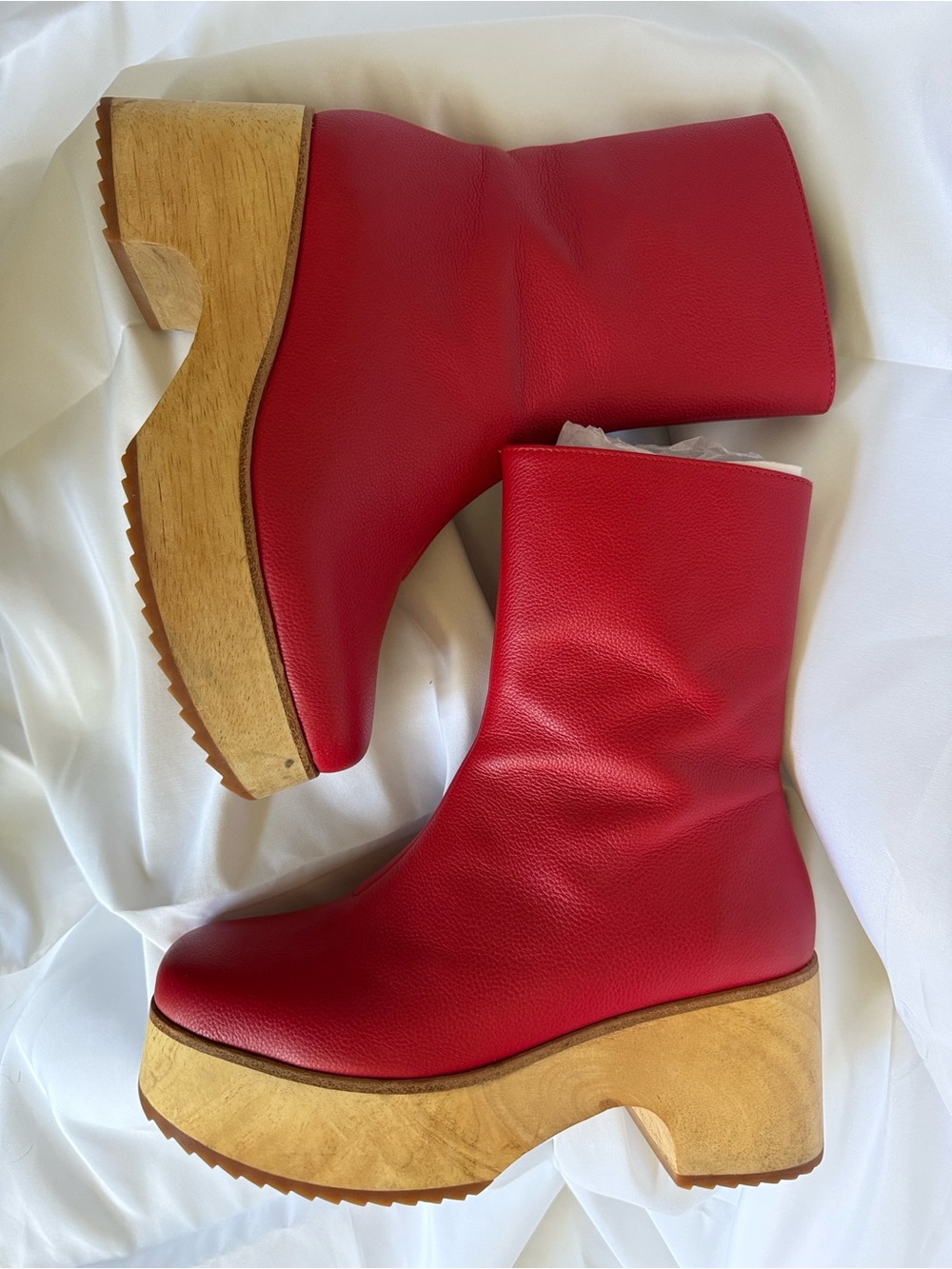 Charlotte Stone Red Leather Wood Platform Mid-Calf “Isla” Boots • 7 - Picture 3 of 5